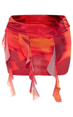 Red Floral Printed Ruffle Hem Mini Skirt