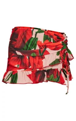 Red Floral Printed Woven Tie Side Frill Mini Skirt