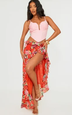 Red Floral Printed Wrap Over Ruffle Detail Maxi Skirt