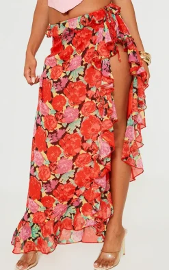 Red Floral Printed Wrap Over Ruffle Detail Maxi Skirt