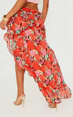 Red Floral Printed Wrap Over Ruffle Detail Maxi Skirt