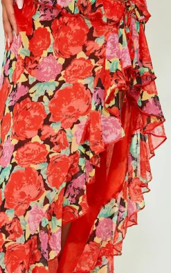 Red Floral Printed Wrap Over Ruffle Detail Maxi Skirt