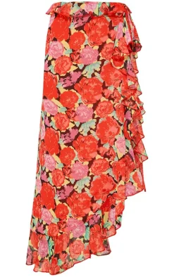 Red Floral Printed Wrap Over Ruffle Detail Maxi Skirt
