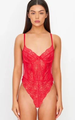 Red Floral Scalloped Edge Lace Cut Out Bodysuit