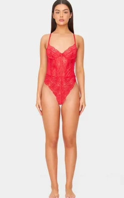 Red Floral Scalloped Edge Lace Cut Out Bodysuit