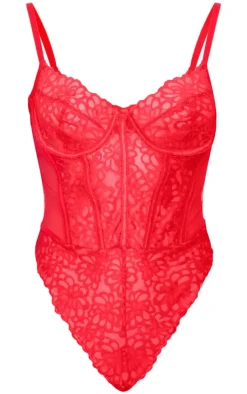 Red Floral Scalloped Edge Lace Cut Out Bodysuit