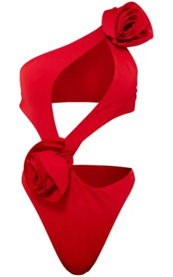 Red Flower Detail Cut Out Asymmetric Swimsuit