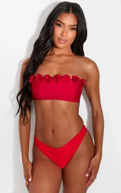 Red Flower Trim Bandeau Bikini Top