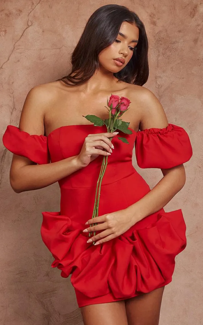 Red Frill Detail Puff Sleeve Bardot Bodycon Dress