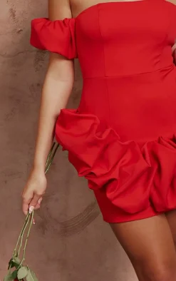 Red Frill Detail Puff Sleeve Bardot Bodycon Dress