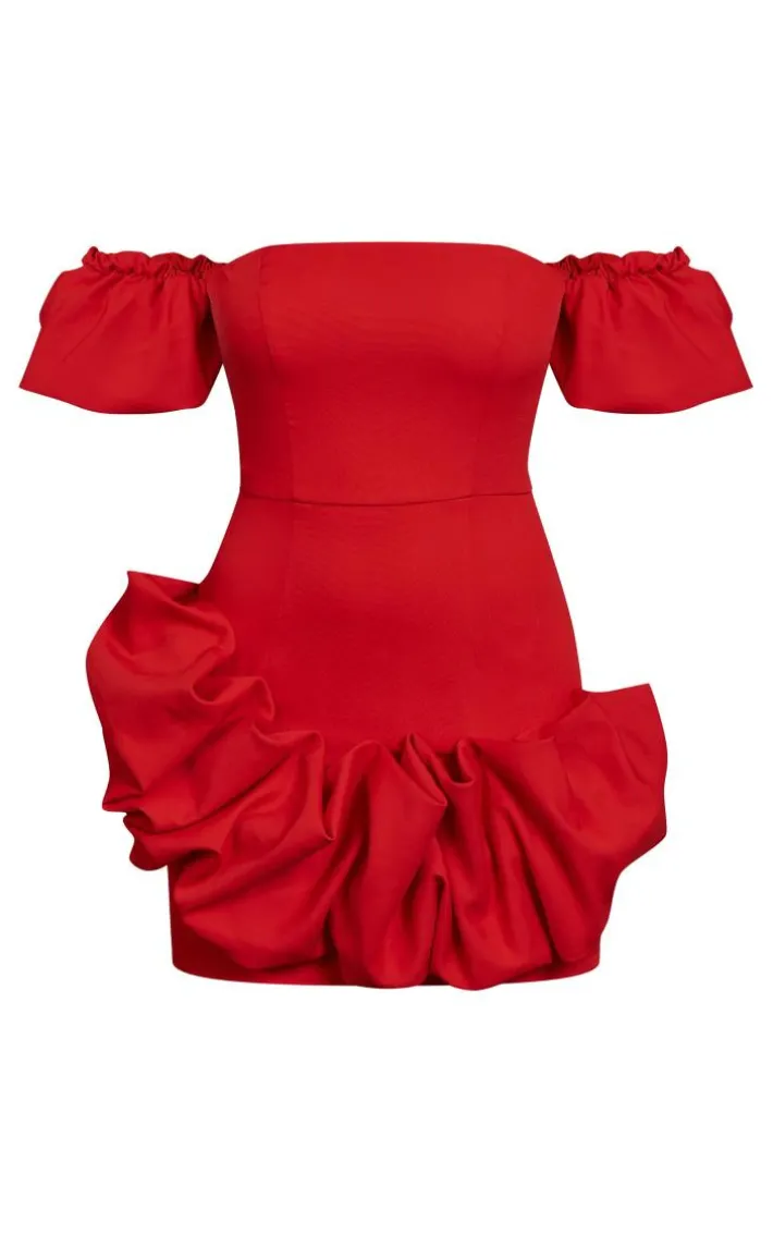 Red Frill Detail Puff Sleeve Bardot Bodycon Dress