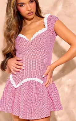 Red Gingham Print Puff Sleeve Skort Romper