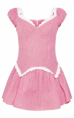 Red Gingham Print Puff Sleeve Skort Romper