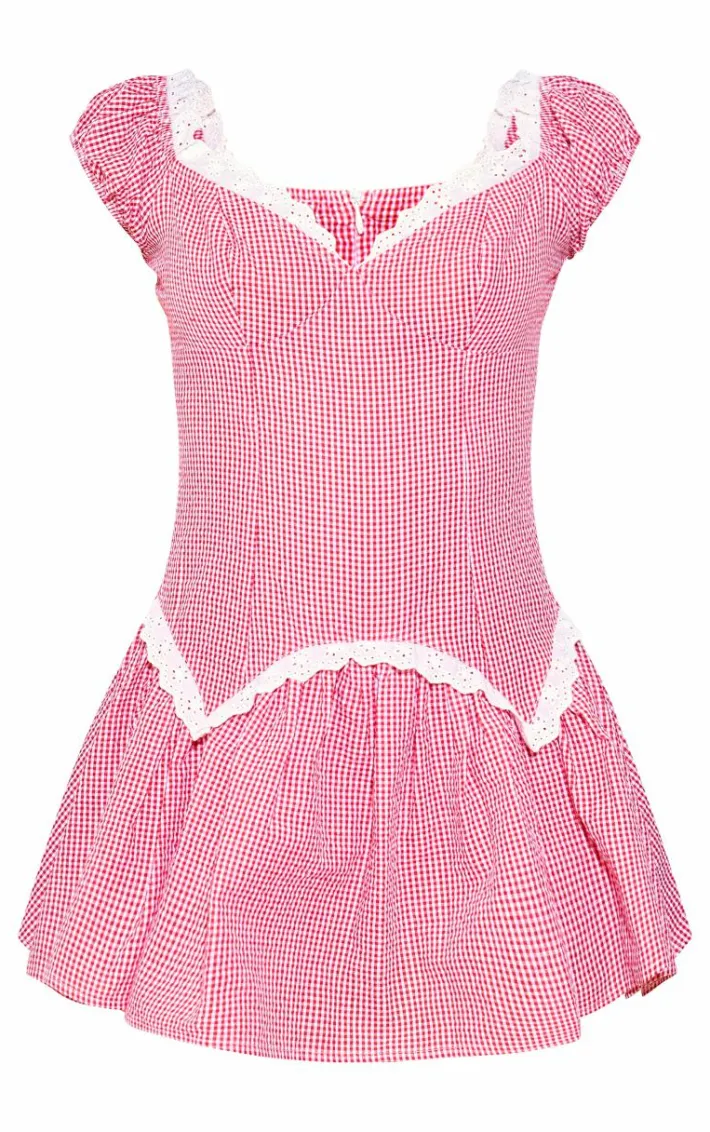 Red Gingham Print Puff Sleeve Skort Romper