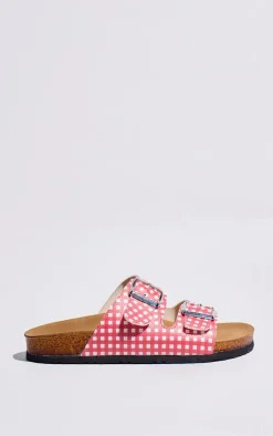 Red Gingham PU Buckle Strap Flat Sandals