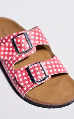 Red Gingham PU Buckle Strap Flat Sandals