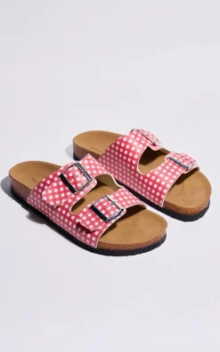 Red Gingham PU Buckle Strap Flat Sandals