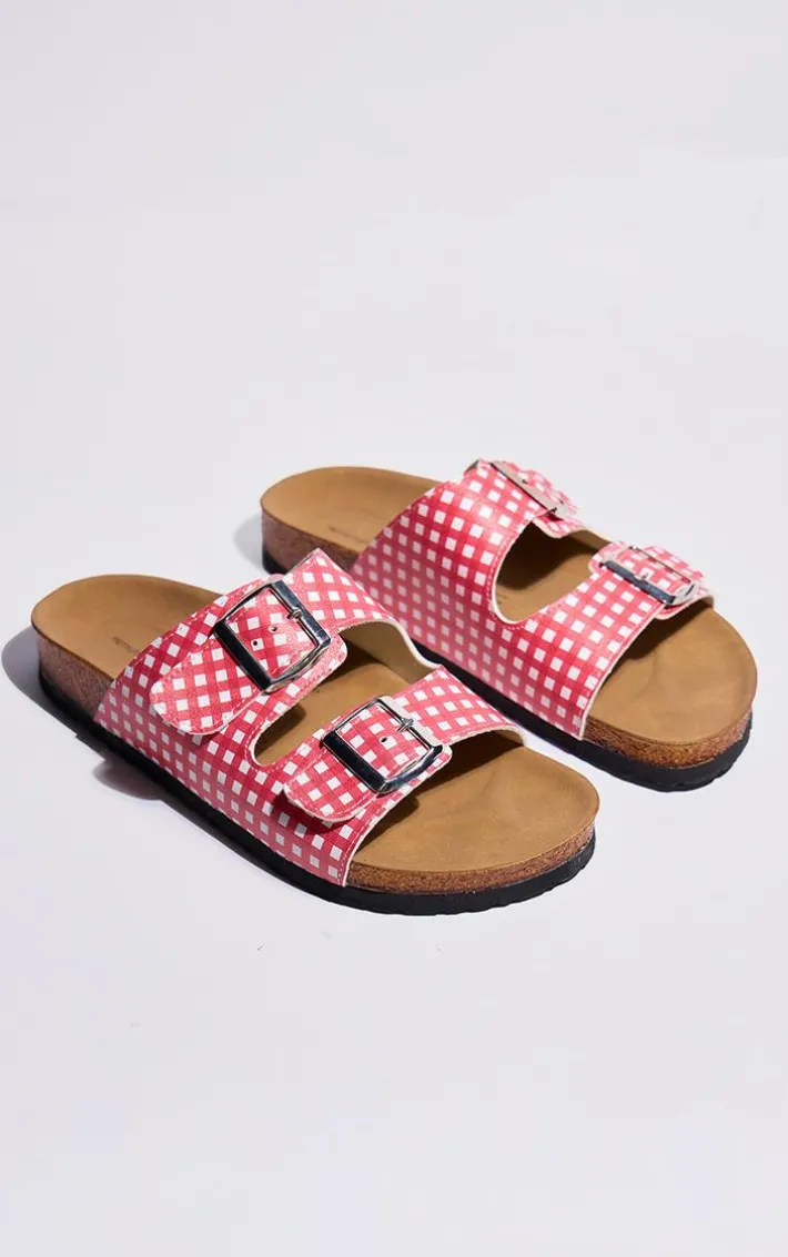 Red Gingham PU Buckle Strap Flat Sandals