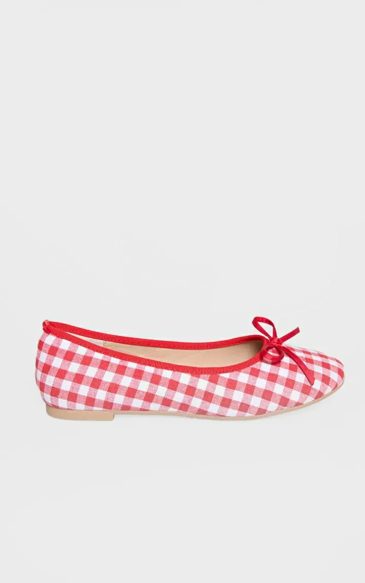 Red Gingham Round Toe Bow Detail Ballet Flats