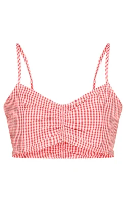 Red Gingham Ruched Front Crop Top
