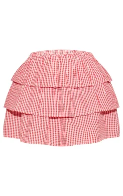 Red Gingham Shirred Waist Tiered Mini Skirt