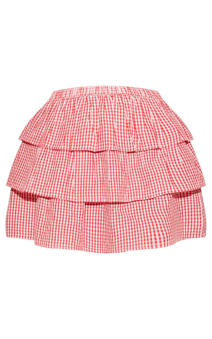 Red Gingham Shirred Waist Tiered Mini Skirt