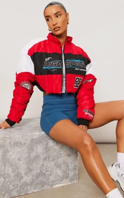 Red Graphic Front Cropped Puffer Jacket