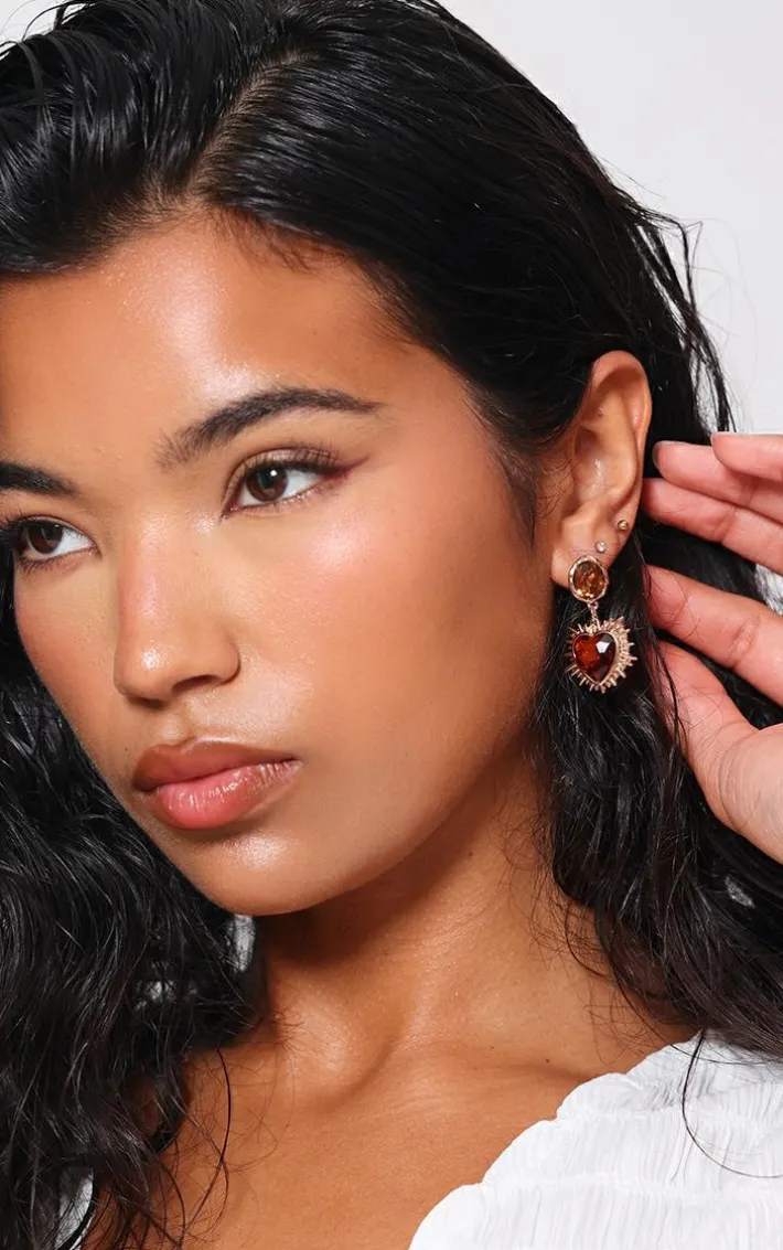 Red Heart Jewel Statement Stud Earrings