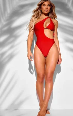 Red High Leg Cut Out One Shoulder Swimsuit