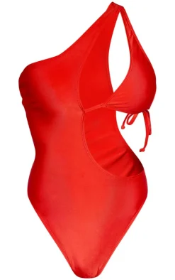Red High Leg Cut Out One Shoulder Swimsuit