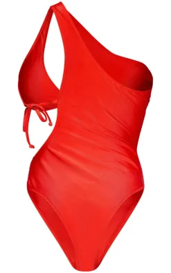 Red High Leg Cut Out One Shoulder Swimsuit