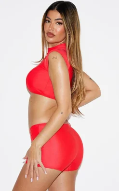 Red High Neck Short Sleeve Top