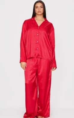 Red Jacquard Stripe Satin Long PJ Set