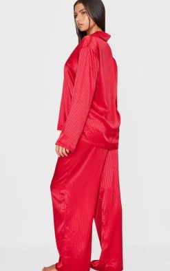 Red Jacquard Stripe Satin Long PJ Set
