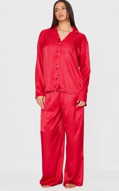 Red Jacquard Stripe Satin Long PJ Set