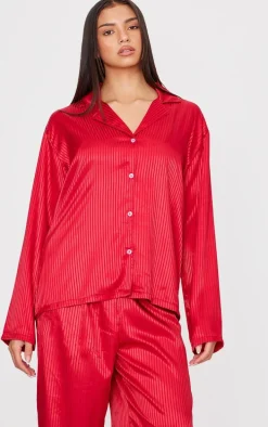 Red Jacquard Stripe Satin Long PJ Set