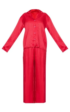 Red Jacquard Stripe Satin Long PJ Set