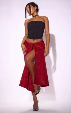 Red Jacquard Woven Drape Front Mini Skirt
