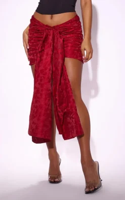 Red Jacquard Woven Drape Front Mini Skirt
