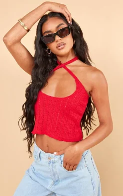 Red Knit Look Cut Out Halter Crop Top