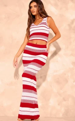 Red Knitted Contrast Mid-rise Maxi Skirt