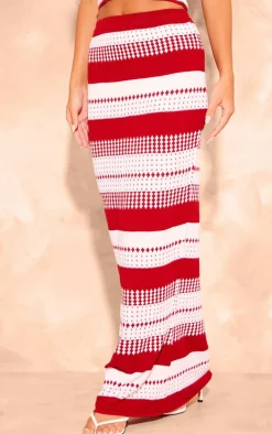 Red Knitted Contrast Mid-rise Maxi Skirt