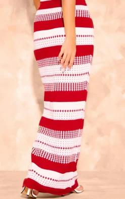 Red Knitted Contrast Mid-rise Maxi Skirt