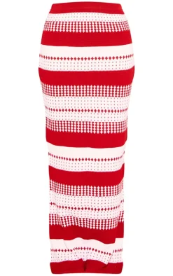 Red Knitted Contrast Mid-rise Maxi Skirt