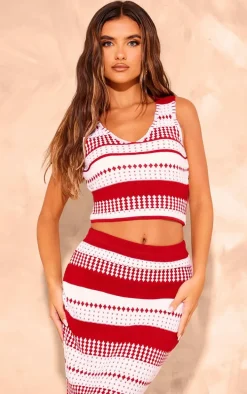 Red Knitted Contrast Plunge-neck Cami Top
