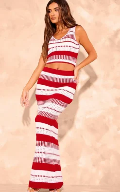 Red Knitted Contrast Plunge-neck Cami Top