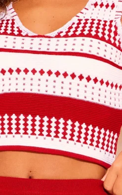 Red Knitted Contrast Plunge-neck Cami Top