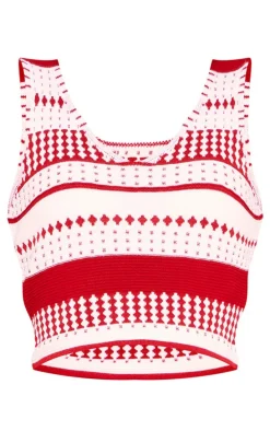 Red Knitted Contrast Plunge-neck Cami Top