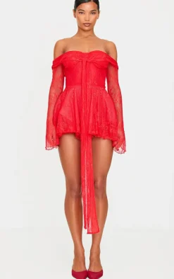 Red Lace Bardot Tie Front Romper