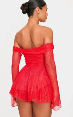 Red Lace Bardot Tie Front Romper